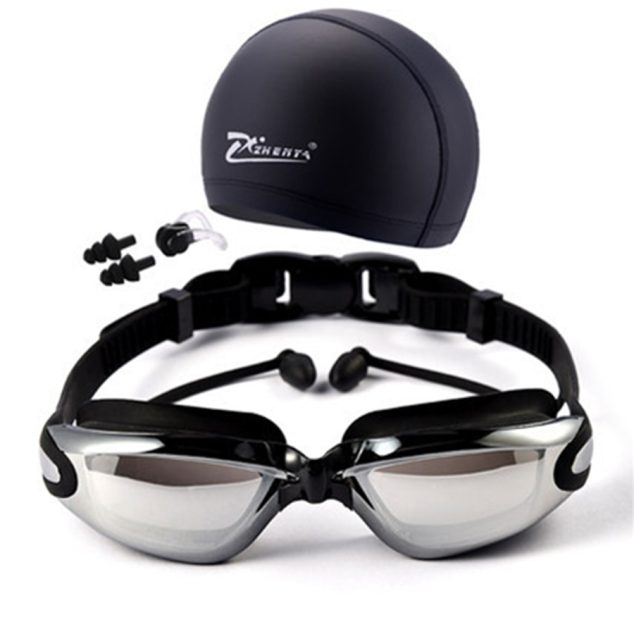 Waterproof Swimming Glasses Electroplated Swimming Goggles with Swimming Cap Set