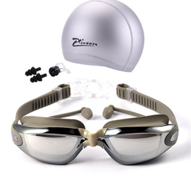 Waterproof Swimming Glasses Electroplated Swimming Goggles with Swimming Cap Set